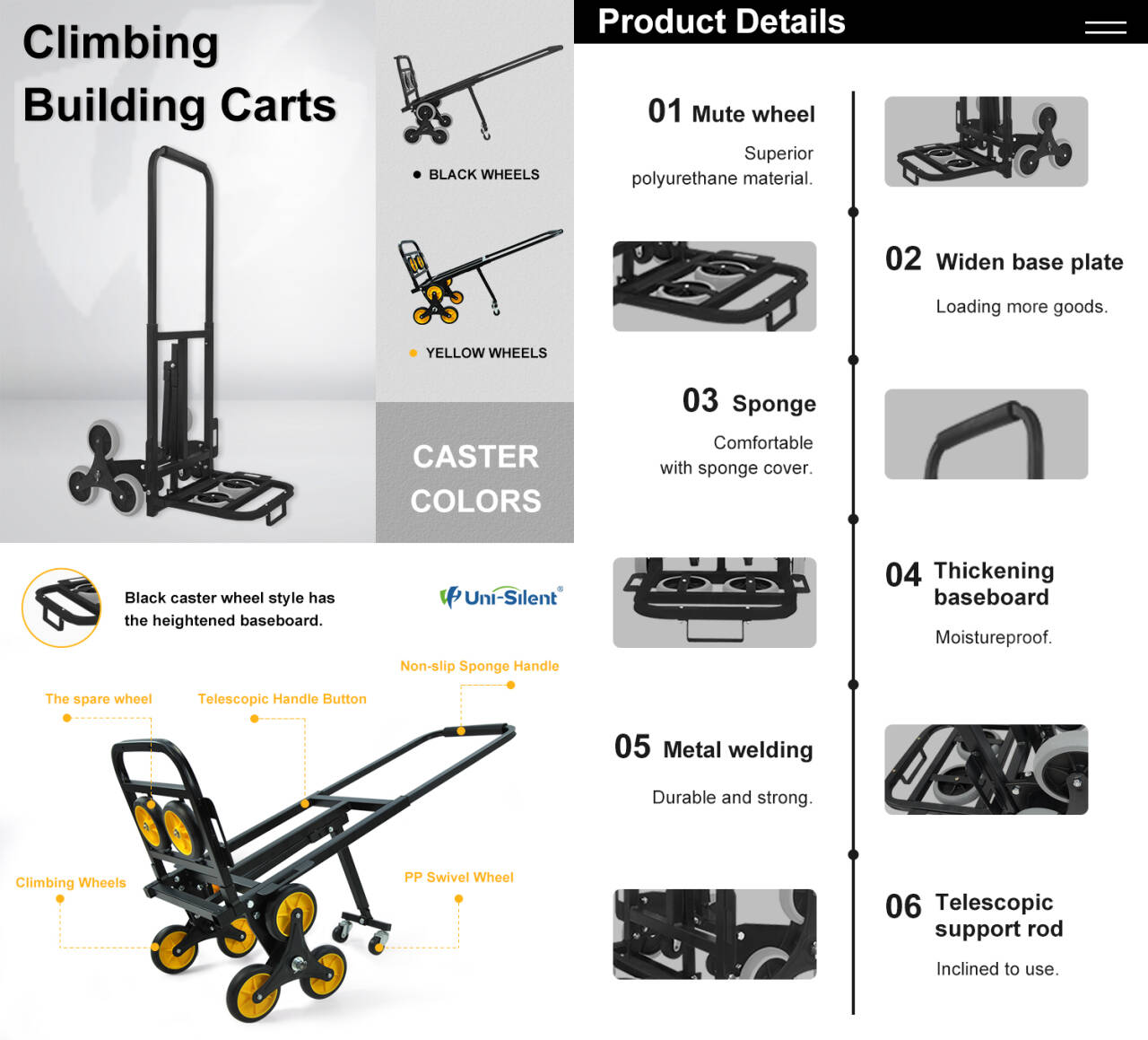 Foldable Hand Carts Trolleys Stair Climbing Hand Trolley Aluminum Luggage Trolley Cart FHT150-6S