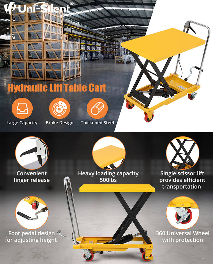 Uni-Silent Hand Hydraulic Scissor Lift Table Scissor Lifter Hydraulic Roller Pallet Trolley Cart